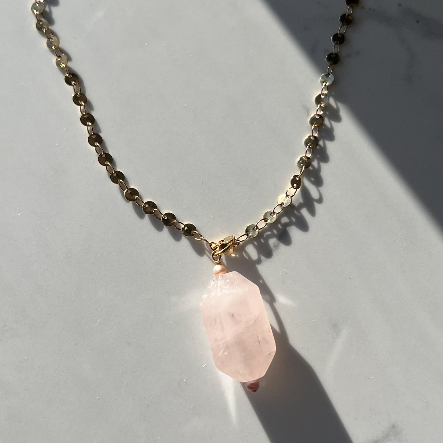 Rose quartz and lavender pearl coin gold necklace
