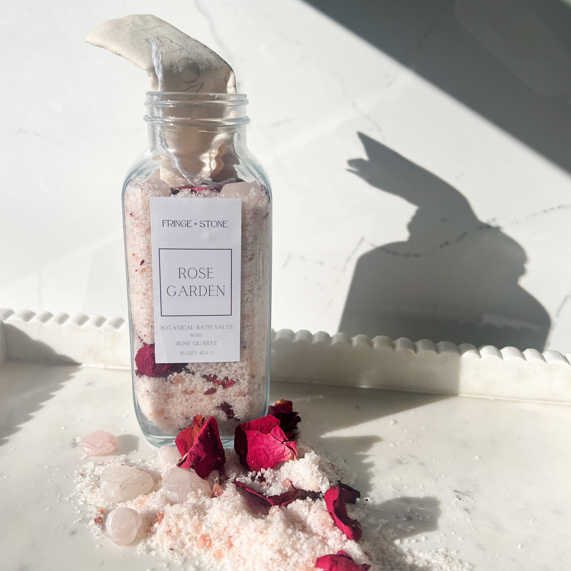 Rose Garden Botanical Bath Salts with Rose Quartz and Tea Bag