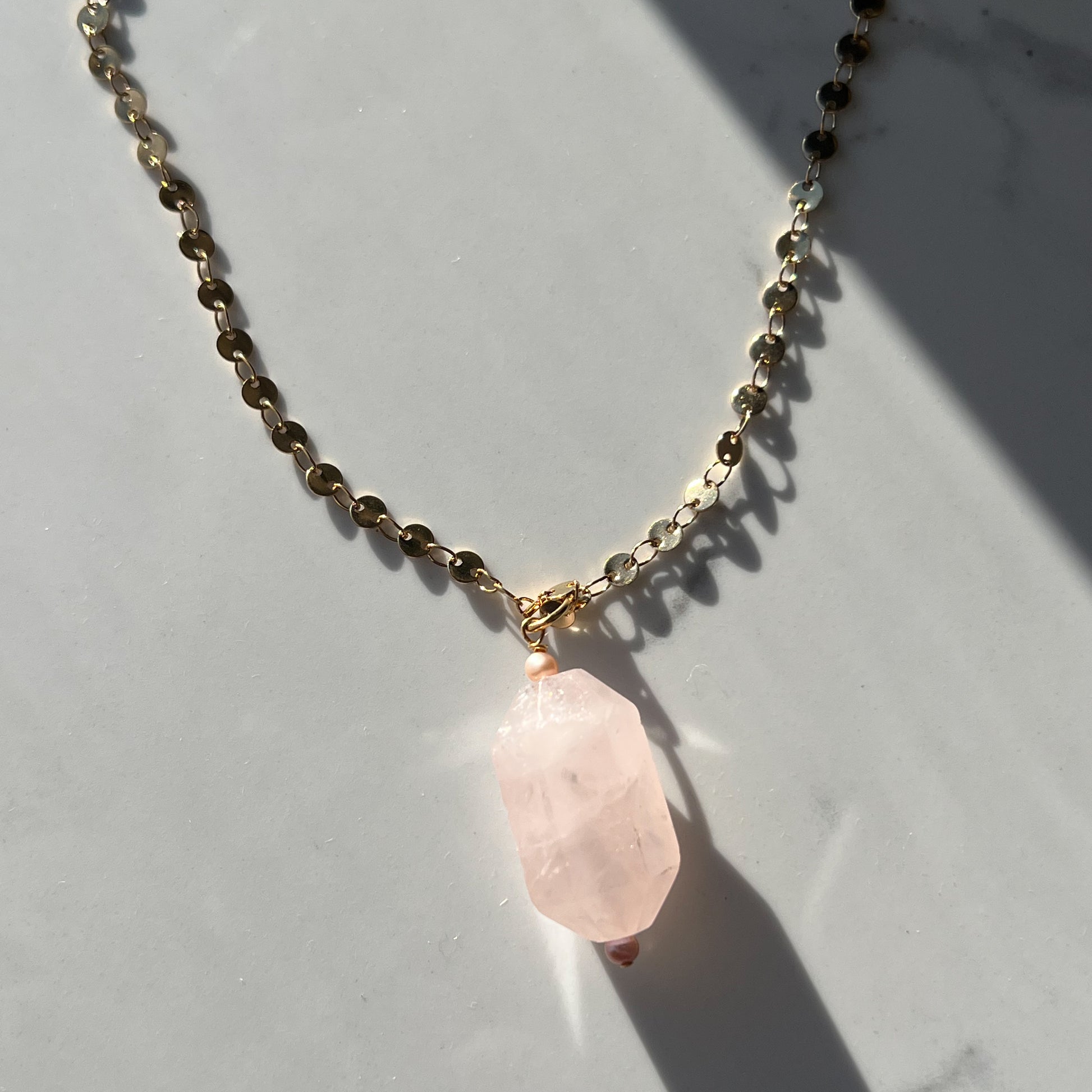 Rose quartz and lavender pearl coin gold necklace