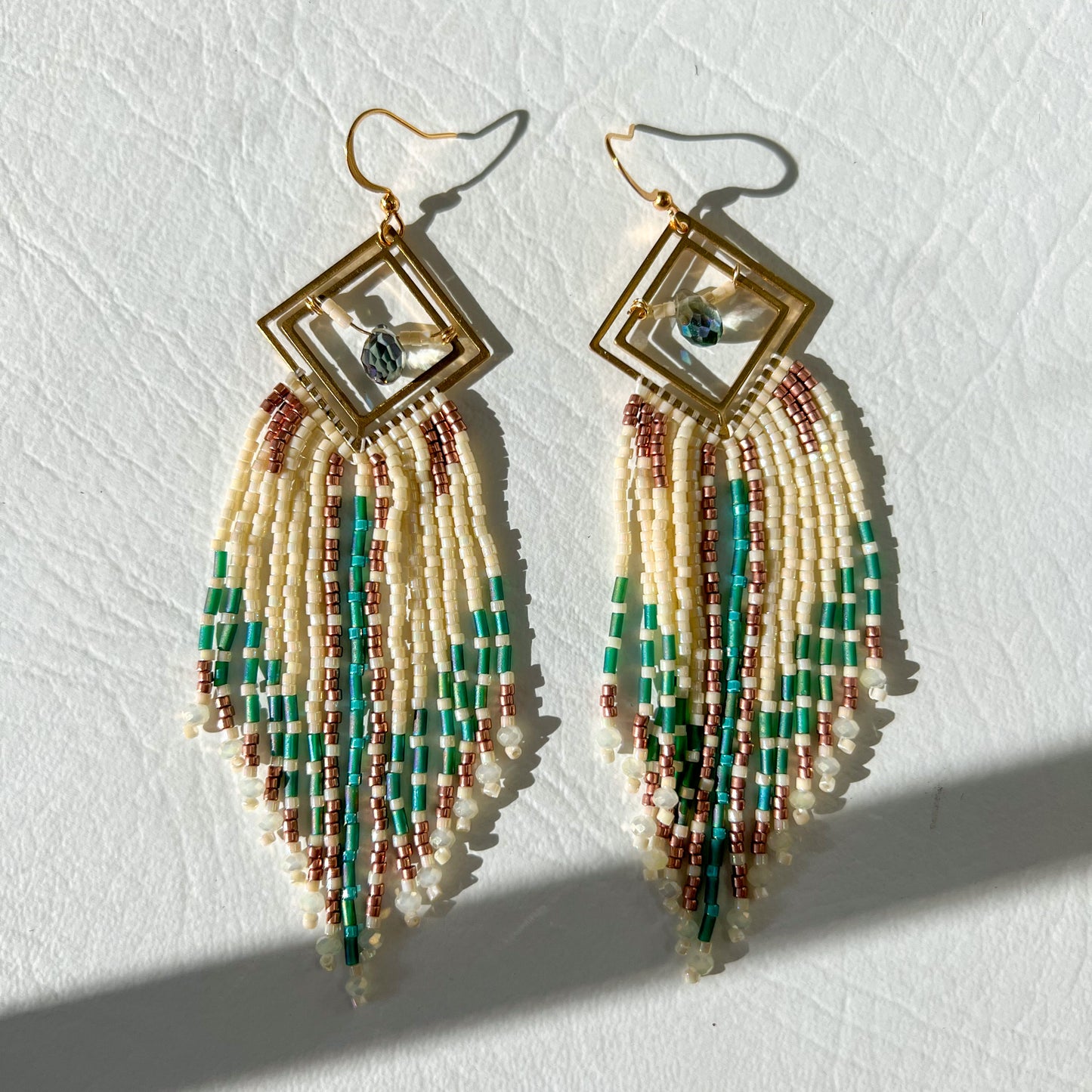 CREAM, TEAL AND COPPER BEADED FRINGE EARRINGS