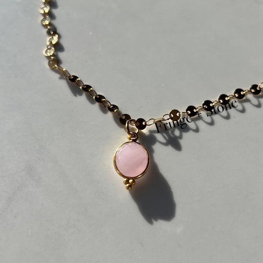 PINK CHALCEDONY BEZEL COIN NECKLACE