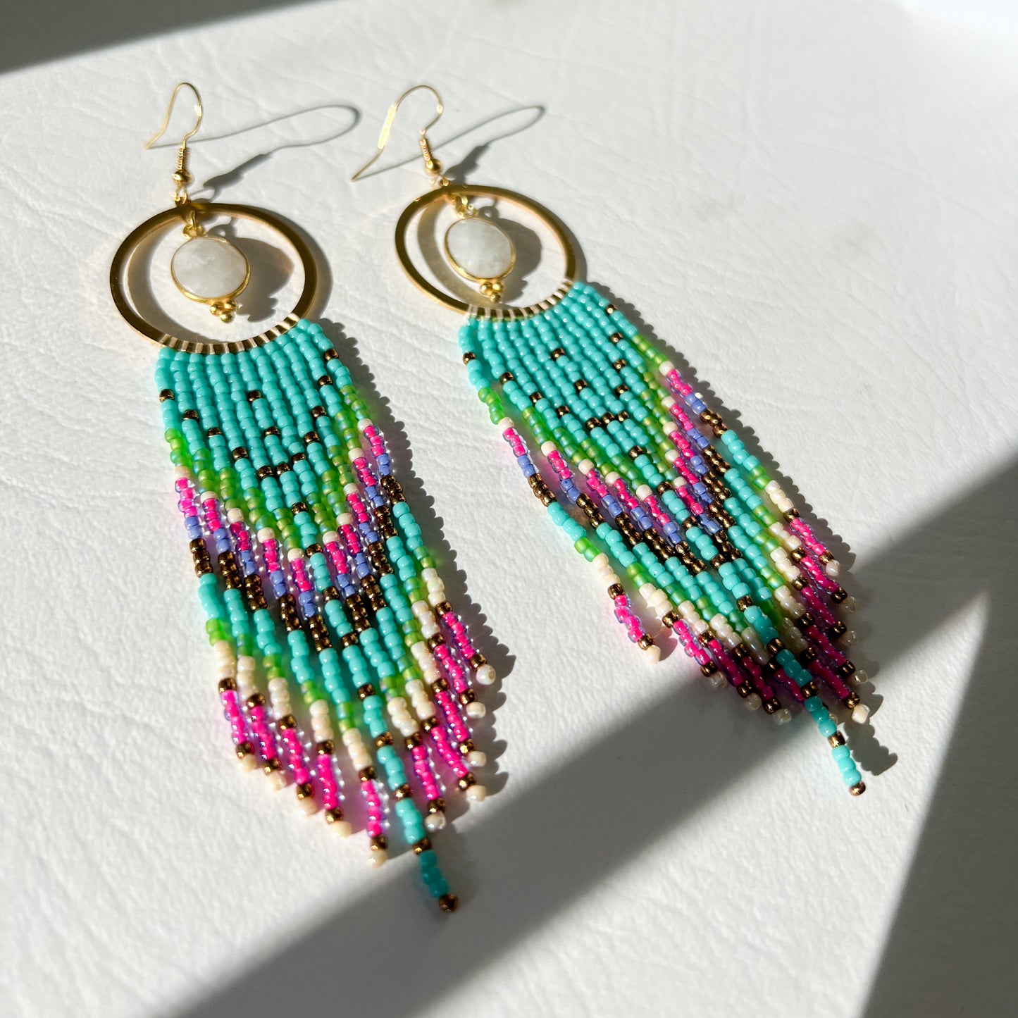 MOONSTONE GEM BEZEL, TEAL AND PINK BEADED FRINGE EARRINGS