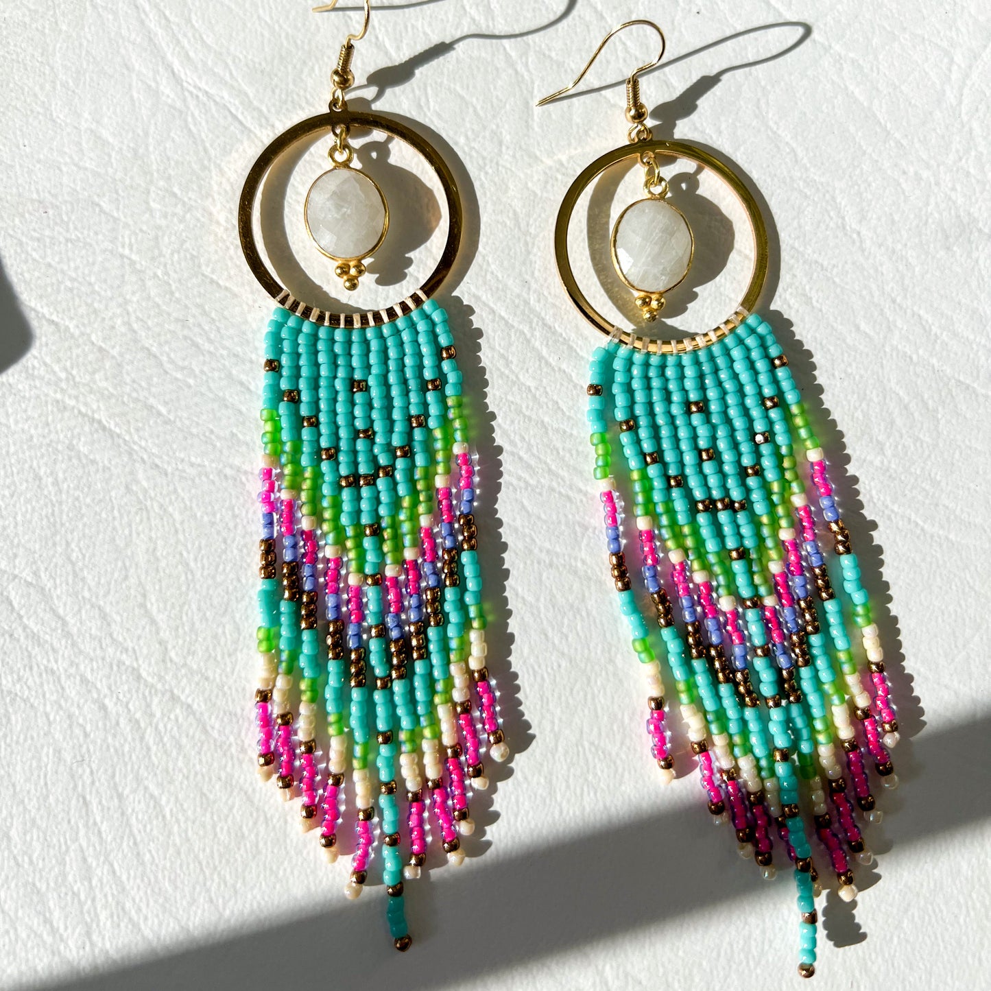 MOONSTONE GEM BEZEL, TEAL AND PINK BEADED FRINGE EARRINGS