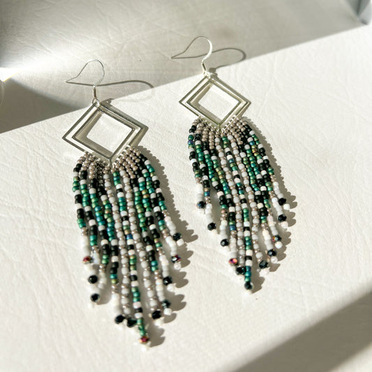 BLACK, SILVER & GREEN FRINGE EARRINGS