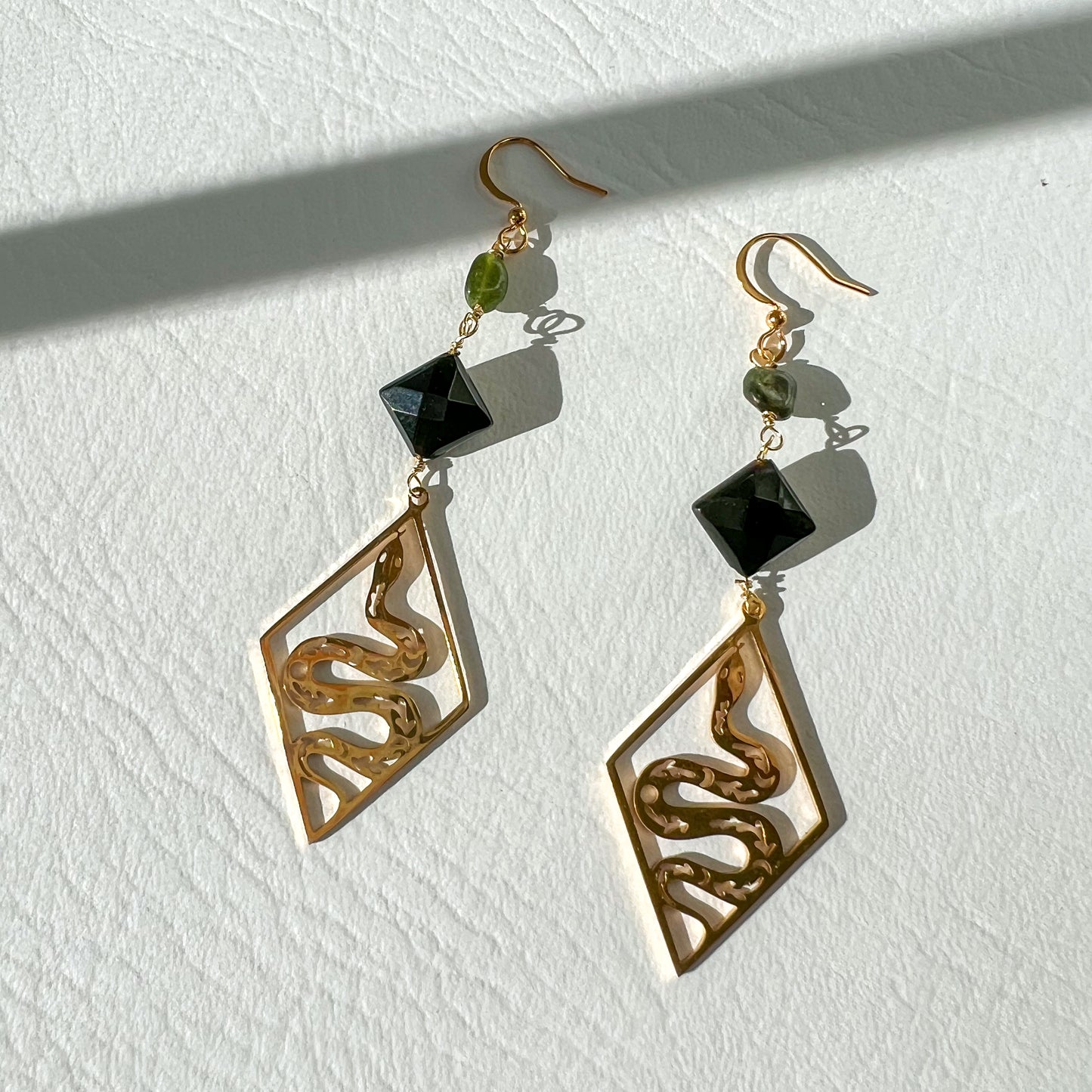 GREEN JADE, BLACK ONYX AND GOLD SNAKE EARRINGS