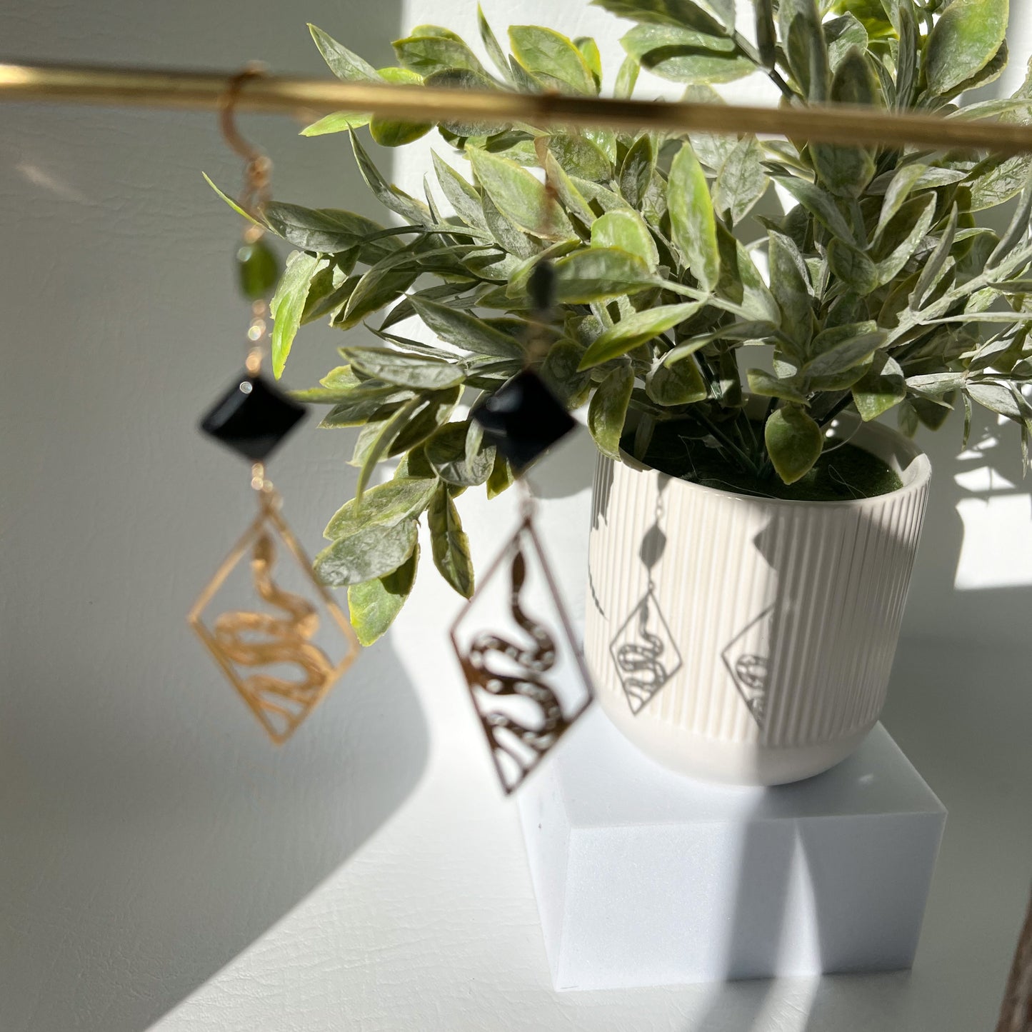 GREEN JADE, BLACK ONYX AND GOLD SNAKE EARRINGS