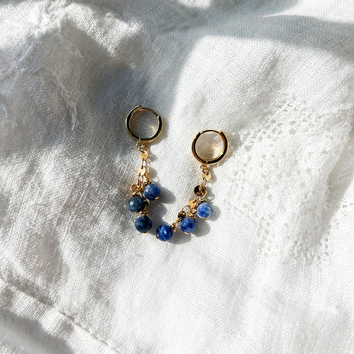 SODALITE GEMSTONE DANGLE EARRINGS GOLD HUGGIE HOOP