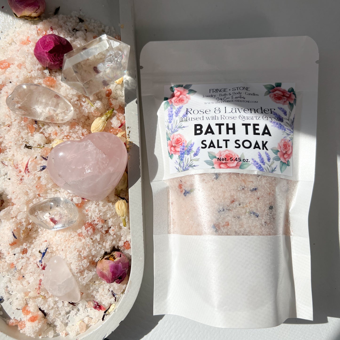 BATH TEA SALT SOAK- ROSE + LAVENDER INFUSED WITH ROSE QUARTZ