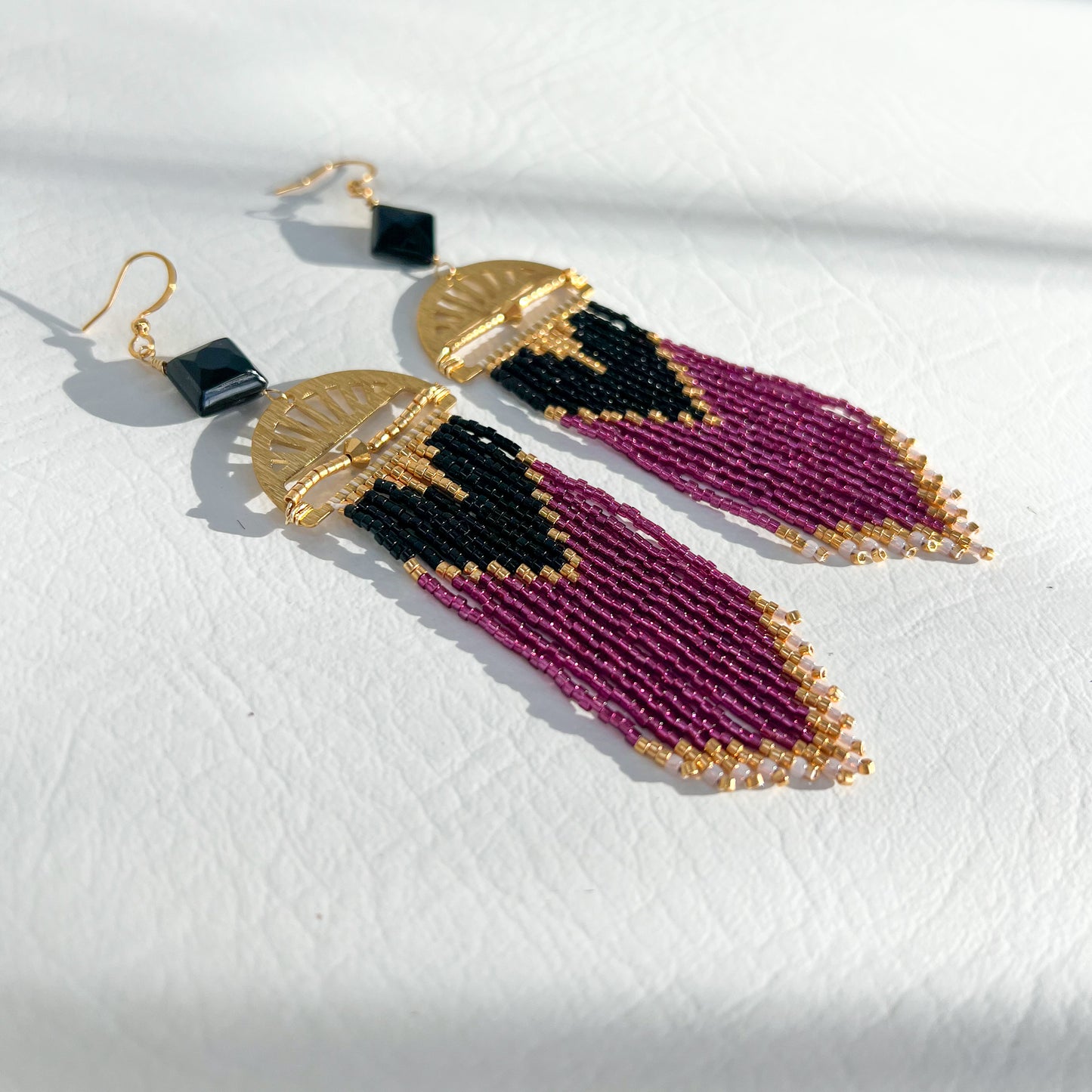 BLACK, GOLD, PURPLE & BLACK ONYX FRINGE EARRINGS