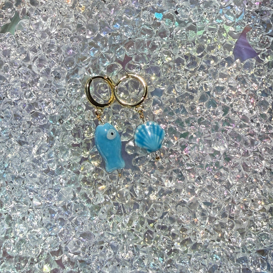 BLUE FISH + SEASHELL HUGGIE HOOPS