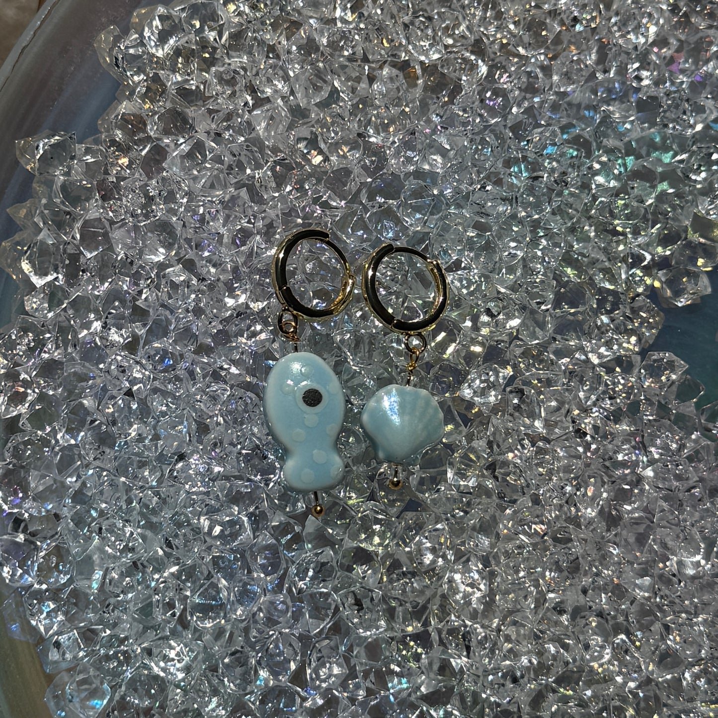 BLUE POLKA DOT FISH + SEASHELL HUGGIE HOOPS