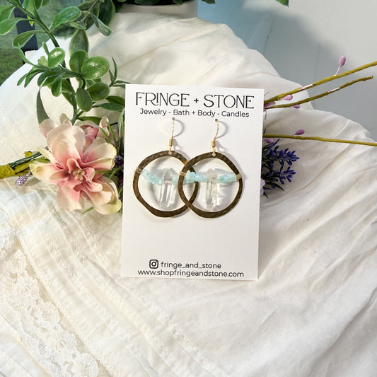 QUARTZ POINT +OCEAN BLUE MOTHER OF PEARL EARRINGS