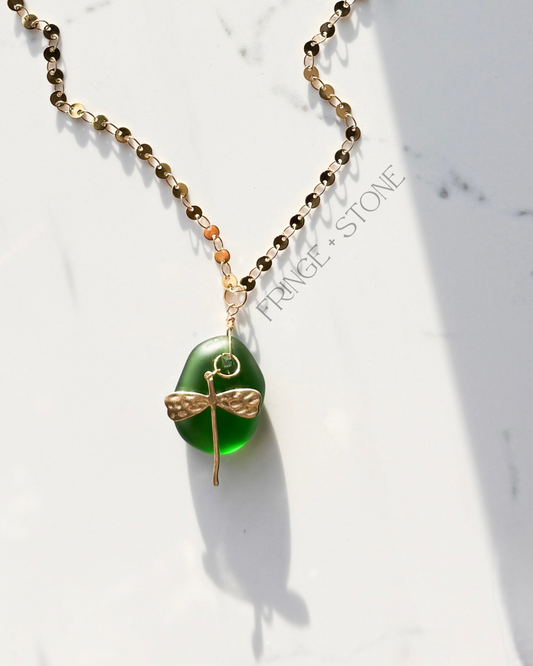 Dragonfly + Sea Glass Coin Necklace