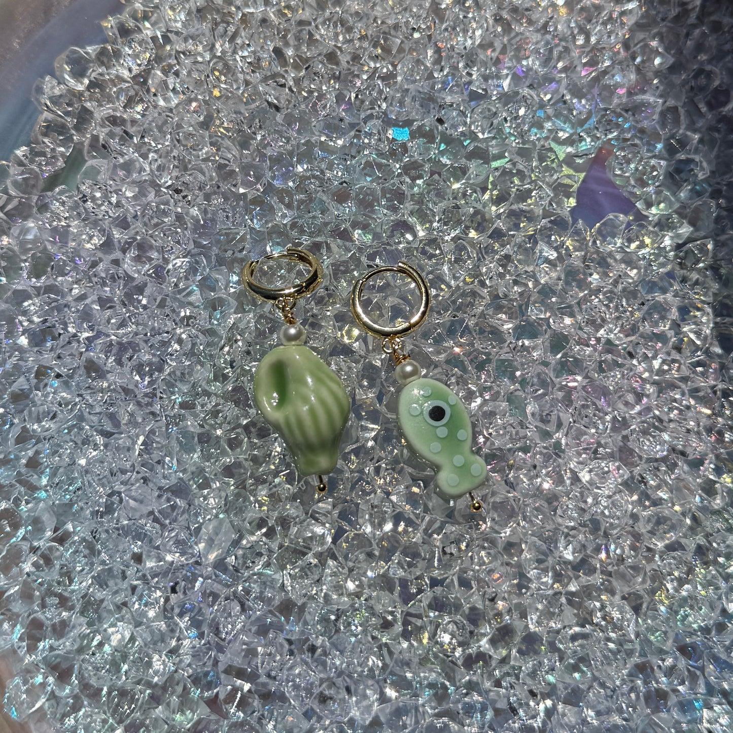 GREEN POLKA DOT FISH + SEASHELL HUGGIE HOOPS