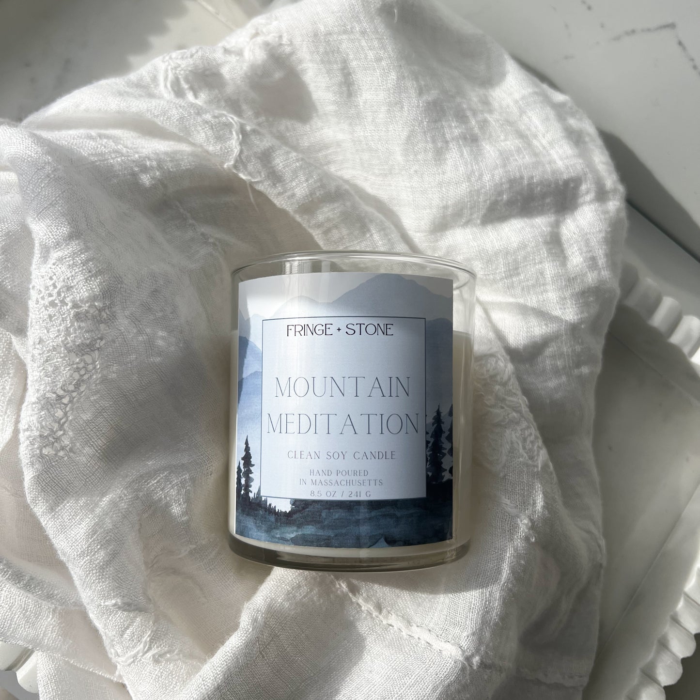 mountain mediation soy candle fresh, outdoorsy scent