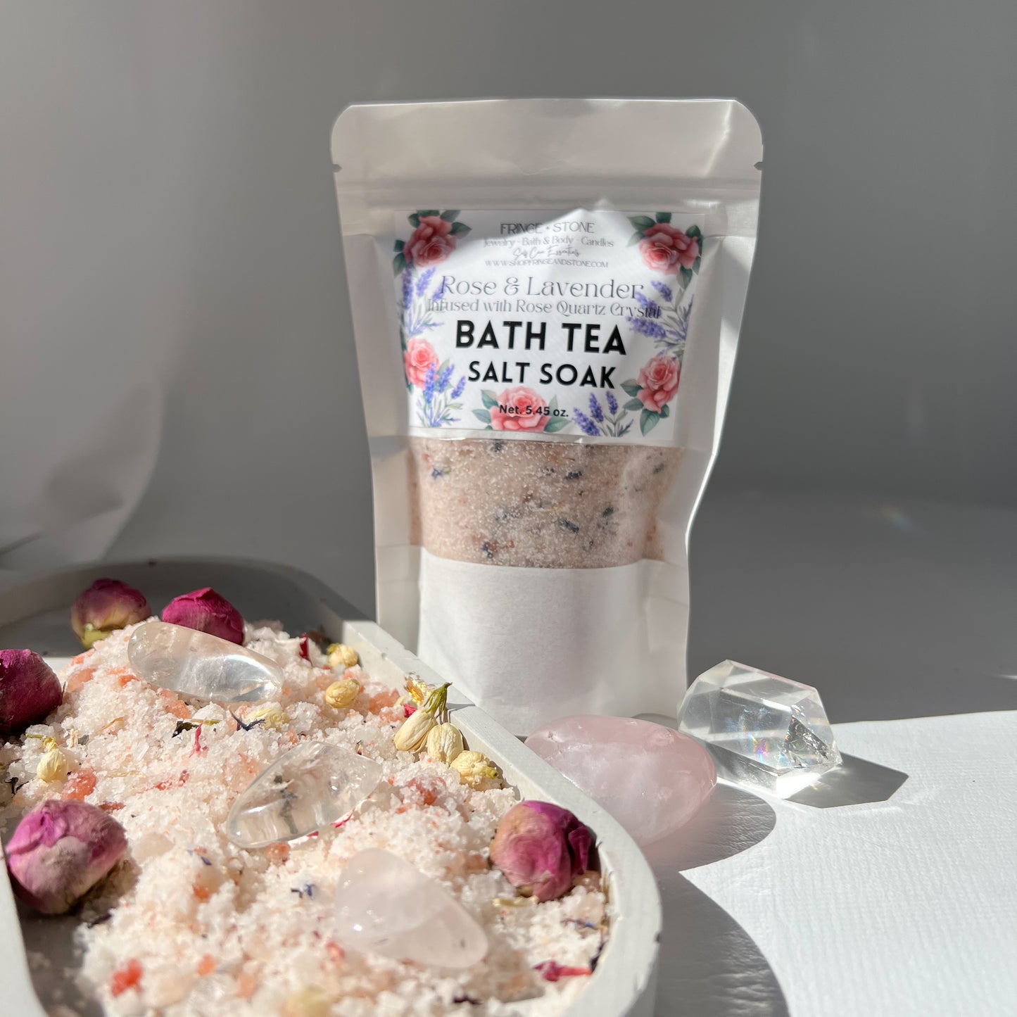 BATH TEA SALT SOAK- ROSE + LAVENDER INFUSED WITH ROSE QUARTZ