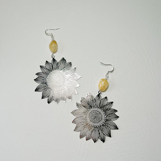 SILVER SUNFLOWER EARRINGS WITH CITRINE GEMSTONES